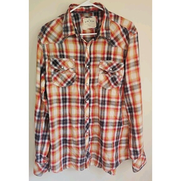 BKE Vintage Button Up Plaid Shiet Mens Size L Athletic Fit Orange Red Blue Snap - Picture 1 of 7